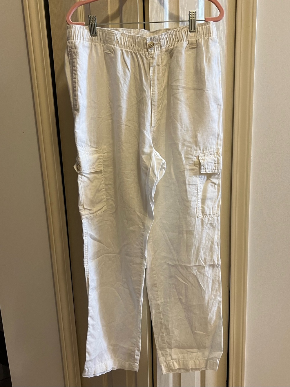 Men’s White Elastic & Drawstring Waist Linen Pants 34x30